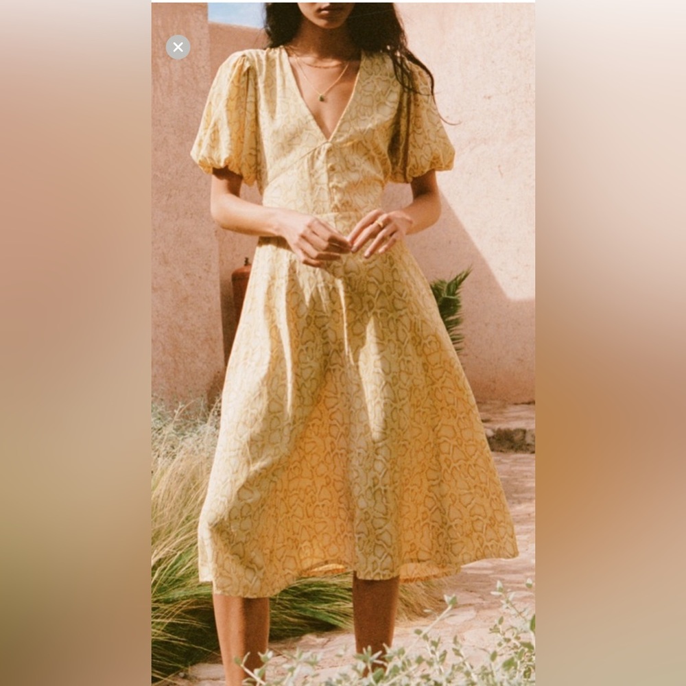 Faithfull the Brand | Midi Dress Delia Yellow Snakeskin Print Short Sleeve- sz 4